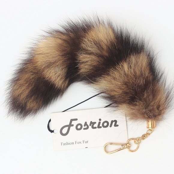 ⚡2 pcs 25cm length Authentic America Raccoon Tail Fur Handbag Chain Ring Hook - Picture 7 of 9